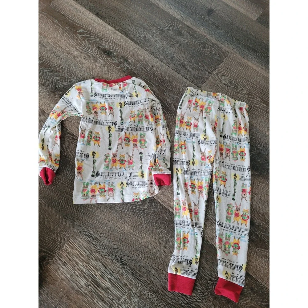 Burts Bees Kids 4T Organic Cotton Christmas Carol Animal Pajama Set White Red #2